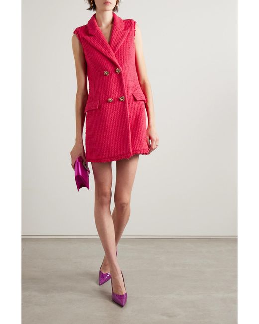 Oscar de la Renta Pink Button-Embellished Frayed Wool-Blend Tweed Mini Dress