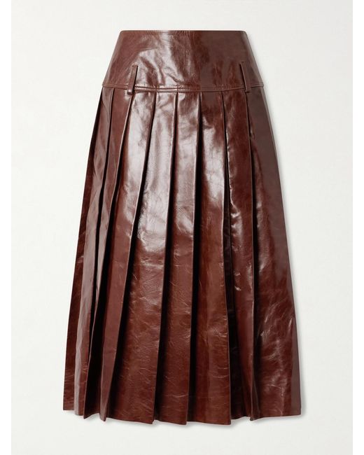 Tolu Coker Brown Pleated Glossed-Leather Midi Skirt
