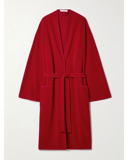 The Row Red Ghali Oversized Belted Ribbed Cashmere Cardigan