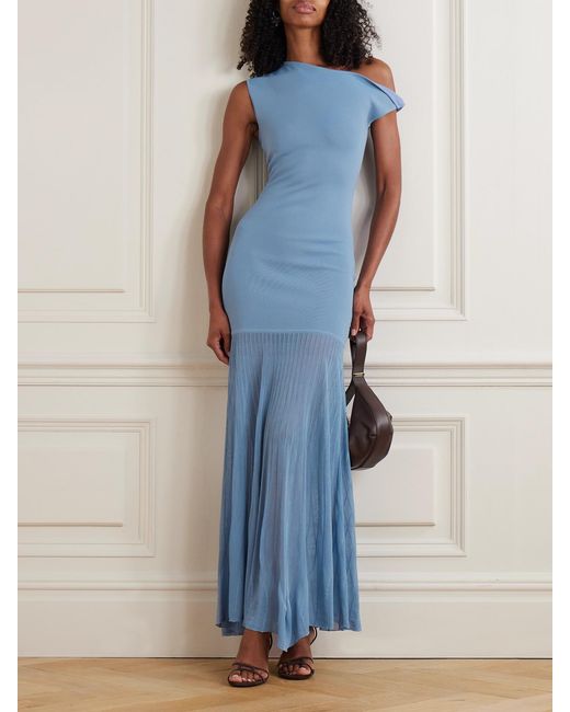 Sir Blue Twist Off-The-Shoulder Pleated Knitted Maxi Dress