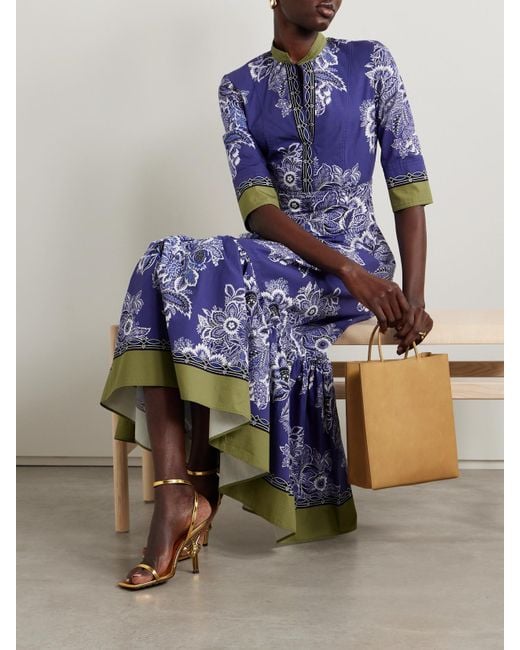 Etro Blue Floral-Print Cotton-Poplin Midi Dress