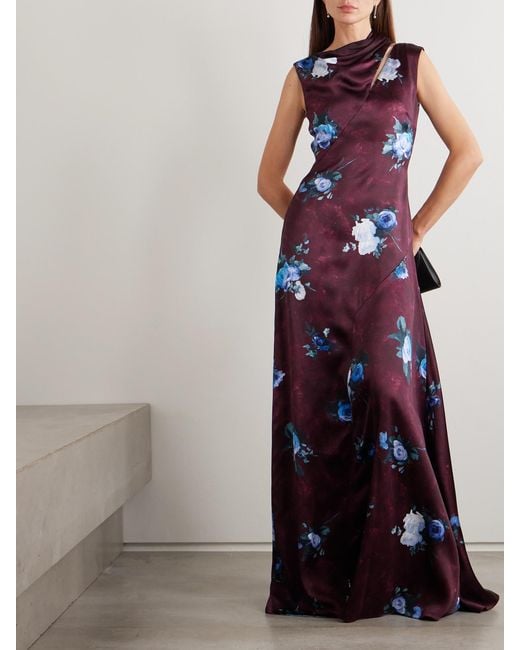 Erdem Purple Asymmetric Cutout Floral-Print Duchesse-Satin Gown