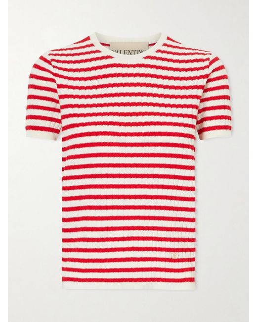 Valentino Garavani Red Embellished Striped Ribbed Cotton T-Shirt