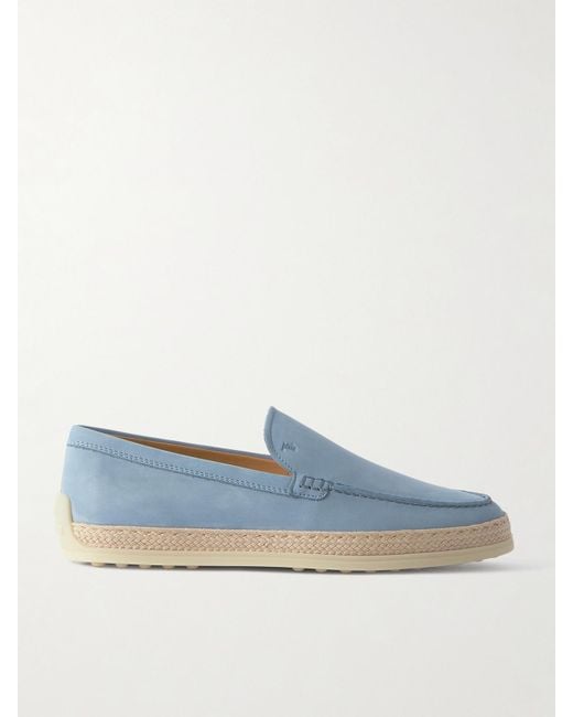 Tod's Blue Gomma Raffia-Trimmed Nubuck Loafers