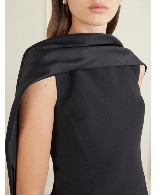 Solace London Black Annie Scarf-Detailed Satin-Trimmed Crepe Gown
