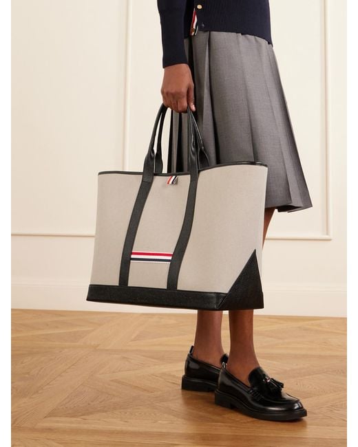 Thom Browne Natural Tool Leather And Grosgrain-Trimmed Canvas Tote