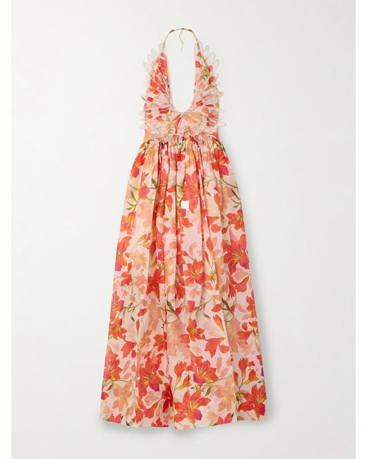 Zimmermann White Tranquility Appliquéd Floral-Print Linen And Silk-Blend Halterneck Maxi Dress