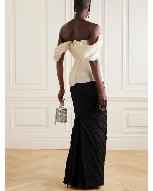 Marmar Halim White Off-The-Shoulder Pleated Two-Tone Mikado And Taffeta Gown