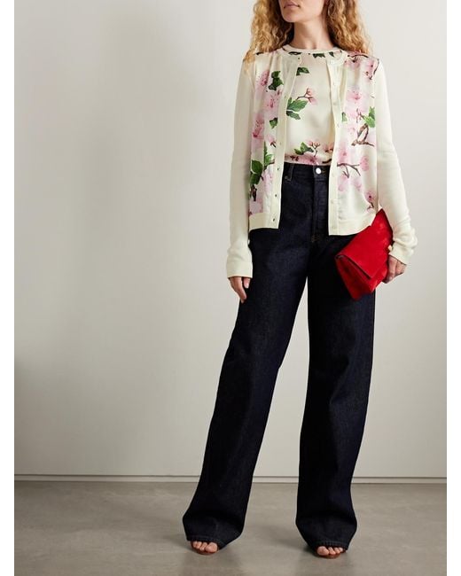 Oscar de la Renta Natural Paneled Knitted And Floral-Print Silk-Blend Twill Cardigan