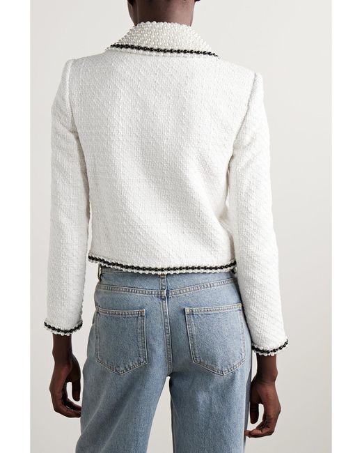 Alice + Olivia Natural Kidman Cropped Bead-Embellished Tweed Jacket