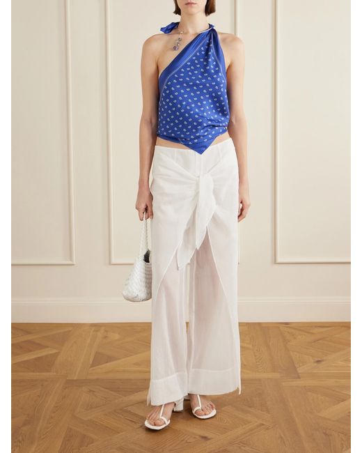 Christopher Esber Blue One-Shoulder Embellished Bandana-Print Silk Top