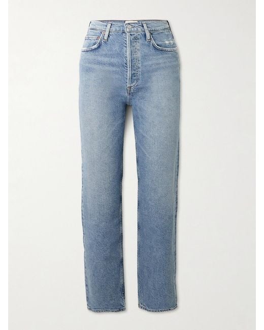 Agolde Blue '90S Pinch Waist Cropped Distressed Mid-Rise Straight-Leg Jeans