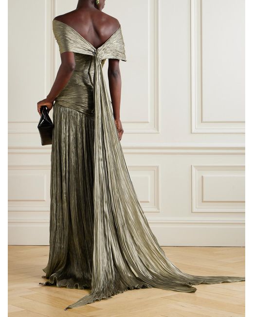 Marmar Halim Green Off-The-Shoulder Ruched Metallic Plissé-Chiffon Gown