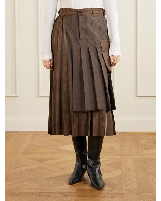 Sacai Natural Pleated Twill And Shell Midi Skirt