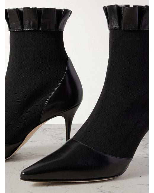 Manolo Blahnik Black Nafar 90 Ankle Boots Mit Spitzer Kappe Aus Stretch-Strick Mit Lederbesätzen Und Rüschen
