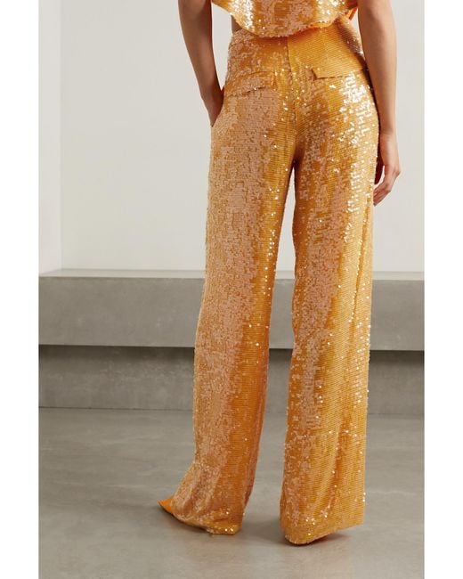 LAPOINTE Yellow Pleated Sequined Crepe Straight-Leg Pants