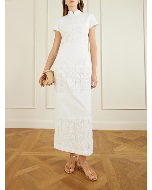 D'Estree White Clelia Paneled Broderie Anglaise-Trimmed Cotton-Poplin Midi Dress