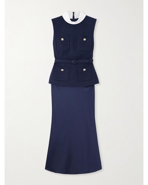 Self-Portrait Blue Belted Crepe-Trimmed Bouclé And Satin Midi Dress