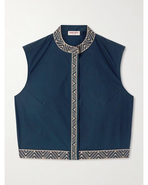 Emporio Sirenuse Blue Andorra Iris Cropped Embroidered Cotton-Blend Poplin Top