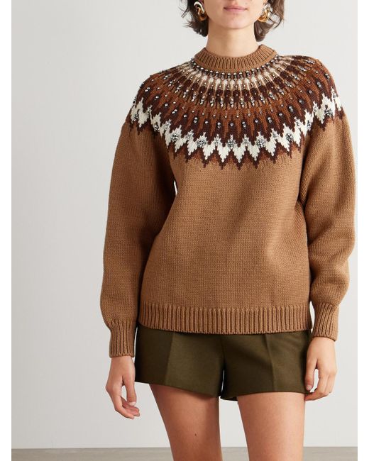 Gucci Brown Crystal-Embellished Fair Isle Wool-Blend Sweater