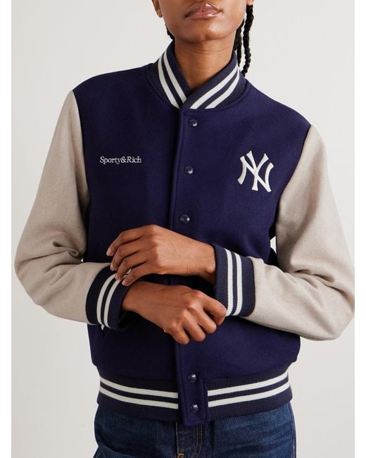 Sporty & Rich Blue New York Yankees Champions Embroidered Wool-Felt Bomber Jacket