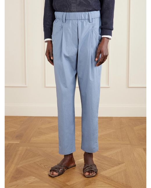 Brunello Cucinelli Blue Cotton-Voile Tapered Pants