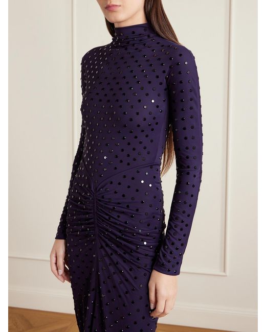 Alaïa Blue Gathered Crystal-Embellished Jersey Midi Dress