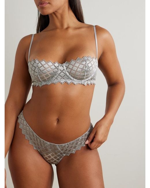 Kiki de Montparnasse Gray Lamine Embroidered Silk-Blend Tulle Underwired Balconette Bra