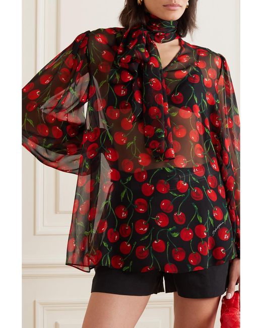 Dolce & Gabbana Red Tie-Neck Printed Silk-Chiffon Blouse