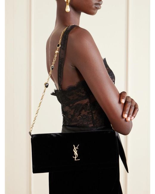 Saint Laurent Black Kate Velour Logo Chain Clutch