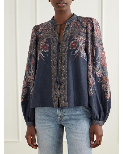 Sea Blue Hyacinth Tie-Detailed Printed Chiffon Blouse