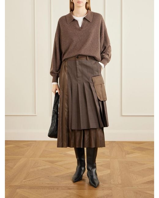 Sacai Natural Pleated Twill And Shell Midi Skirt