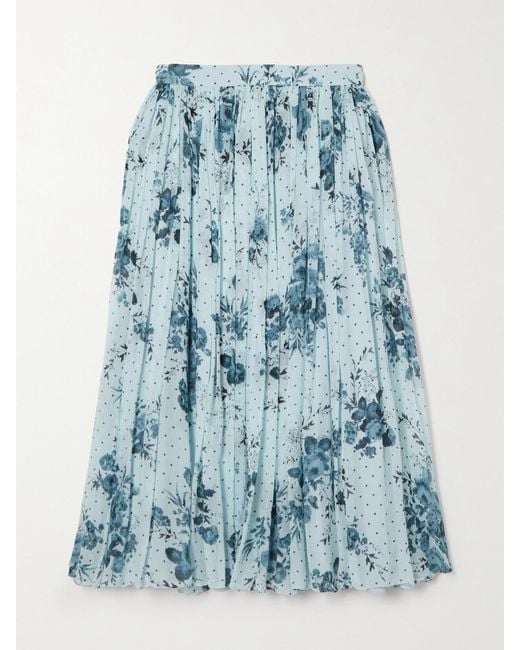 Erdem Blue Pleated Printed Crepon Midi Skirt