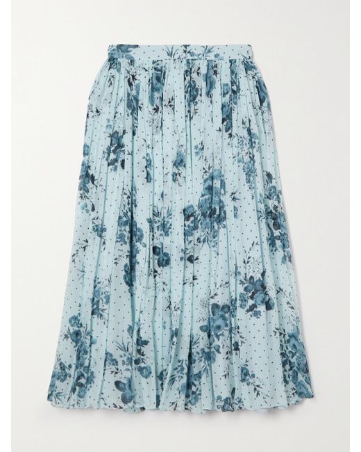 Erdem Blue Midirock Aus Krepon Mit Blumenprint Und Falten