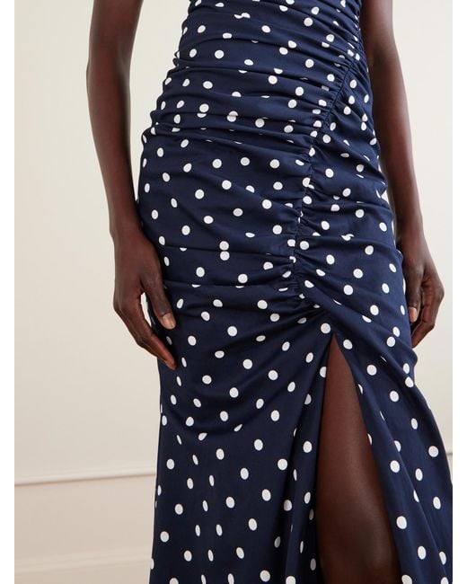 Carolina Herrera Blue Gathered Polka-Dot Cotton-Blend Twill Gown