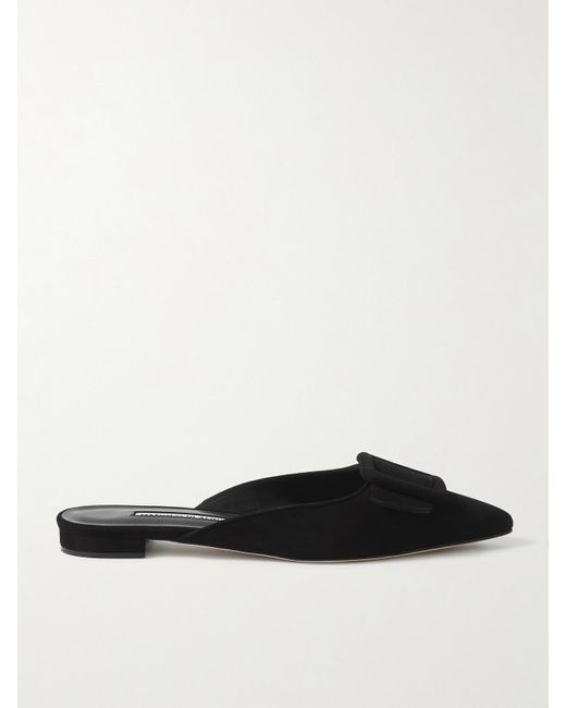 Manolo Blahnik White Maysale Buckled Suede Point-Toe Flats