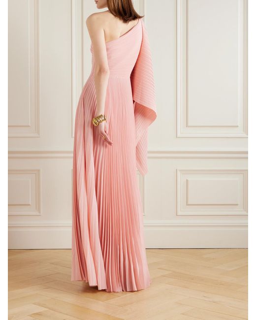 Solace London Pink Maci One-Shoulder Pleated Chiffon Gown