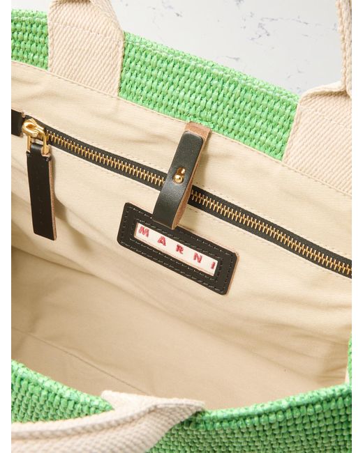 Marni Green Basket Small Canvas-Trimmed Embroidered Faux Raffia Tote