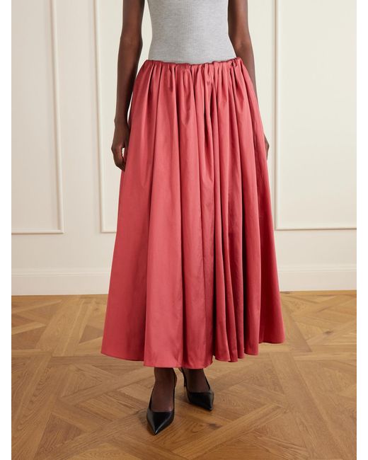Abadia Red Elodie Pleated Duchesse-Satin Midi Skirt
