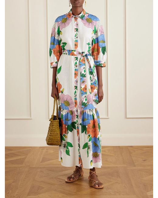 Borgo De Nor White Bianca Linen-Blend Floral Midi Dress