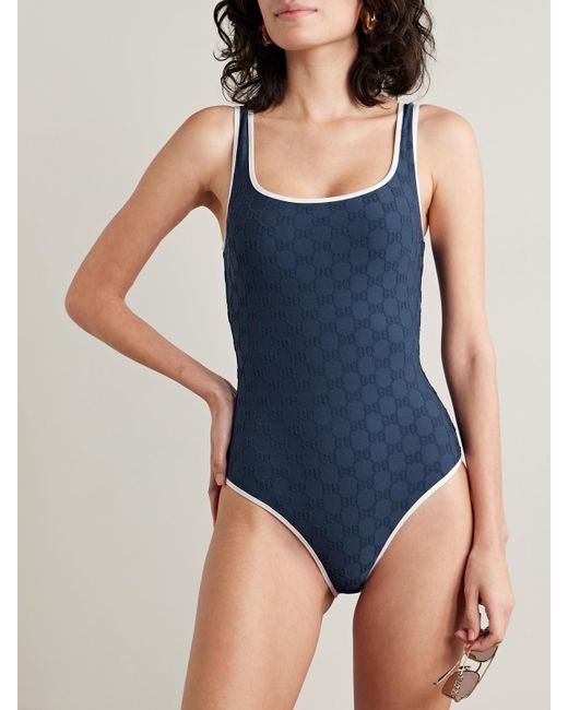 Gucci Blue Badeanzug Aus Frottee Mit Jacquard-Muster Und Paspeln