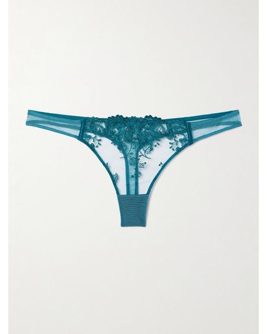 Kiki de Montparnasse Blue Juliette Satin-Trimmed Embroidered Tulle Thong