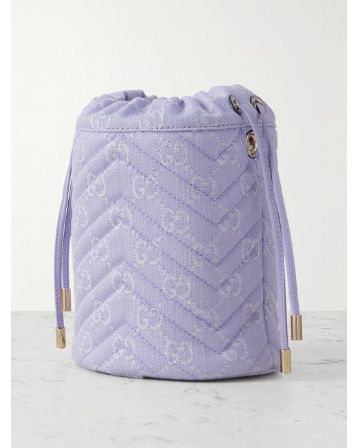 Gucci Purple Gg Marmont 2.0 Leather-Trimmed Jacquard-Denim Bucket Bag