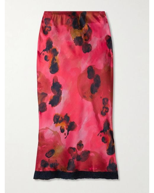 Victoria Beckham Red Midirock Aus Seidensatin Mit Blumenprint Und Spitzenbesatz
