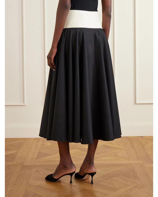 Abadia Black Pleated Cotton-Poplin Midi Skirt