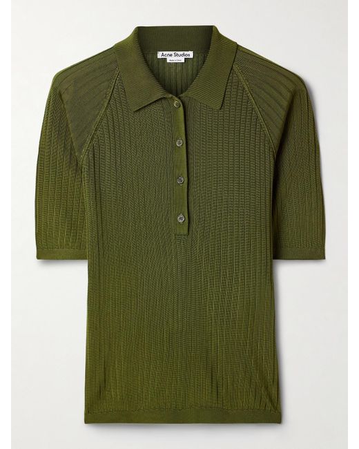 Acne Green Ribbed-Knit Polo Top
