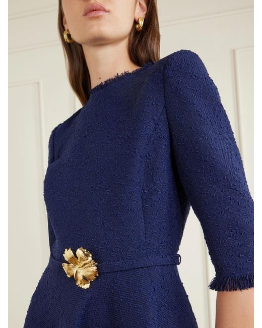 Oscar de la Renta Blue Embellished Tweed Midi Dress