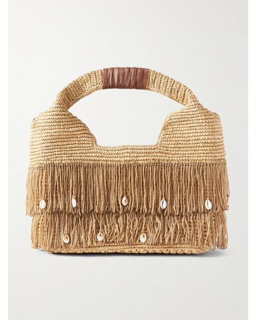 Sensi Studio Metallic Leather-Trimmed Embellished Fringed Straw Tote
