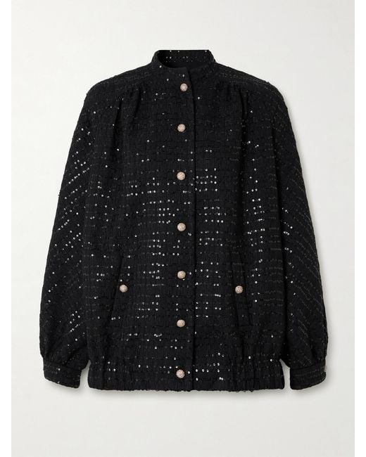 Alessandra Rich Black Sequin-Embellished Tweed Jacket
