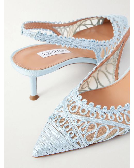Aquazzura White Kahlo 50 Embroidered Leather-Trimmed Mesh Slingback Pumps